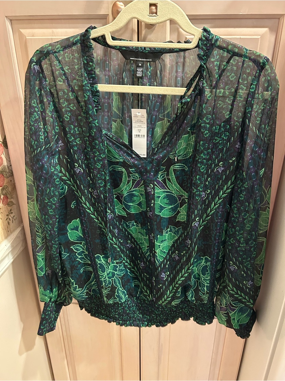 White House Black Market Long Sleeve Mixed Print Lurex Blouse Women Size M NWT
